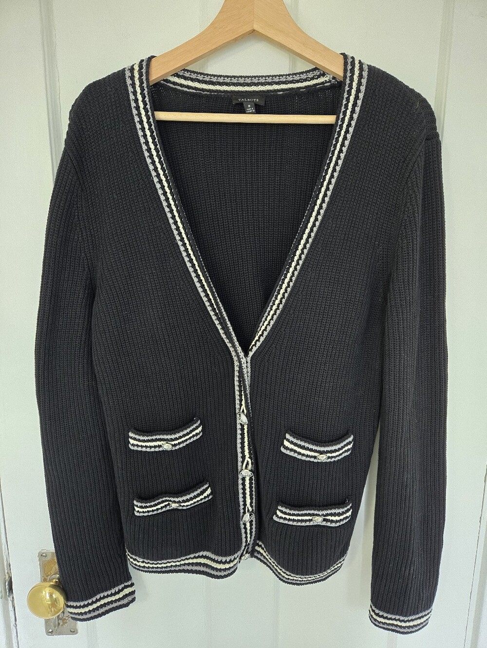 Talbot's Women's Texture V-Neck Cardigan Tipped Stripe Size M Old Money Preppy - Picture 2 of 10